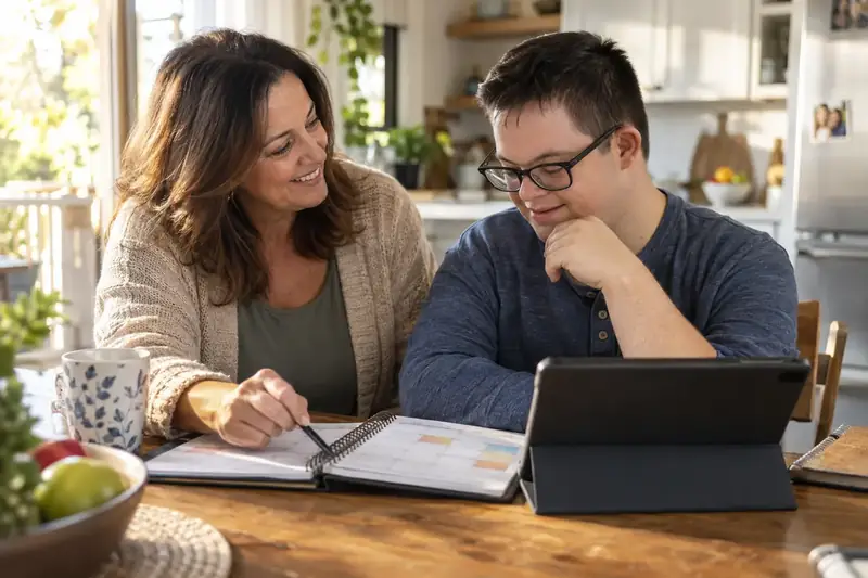 Two people reviewing a notebook and laptop at a kitchen table