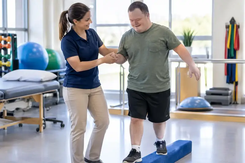 A clinician guiding a client through a balance exercise