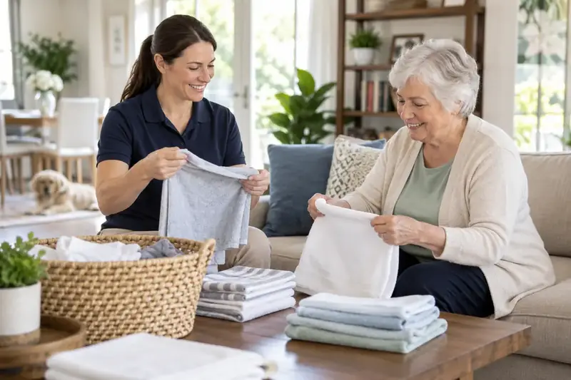 A support worker folding laundry with an older woman