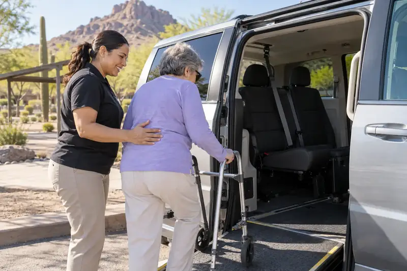 A driver helping an older woman toward an accessible van