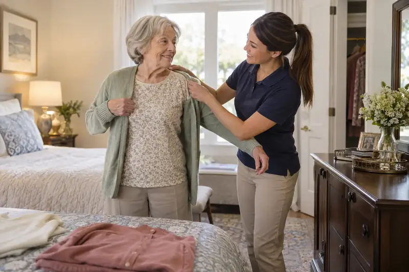 A caregiver helping an older woman with her cardigan