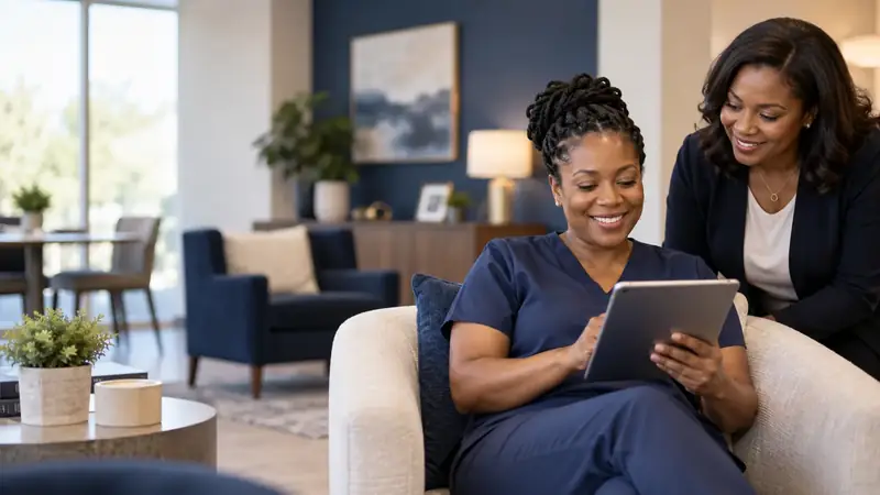 Two professionals reviewing a plan on a tablet in a bright office