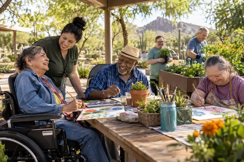 Residents and staff gardening together in a courtyard