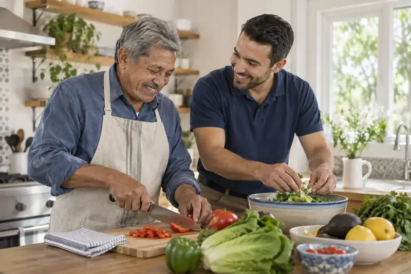 Adults sharing a meal around a kitchen table